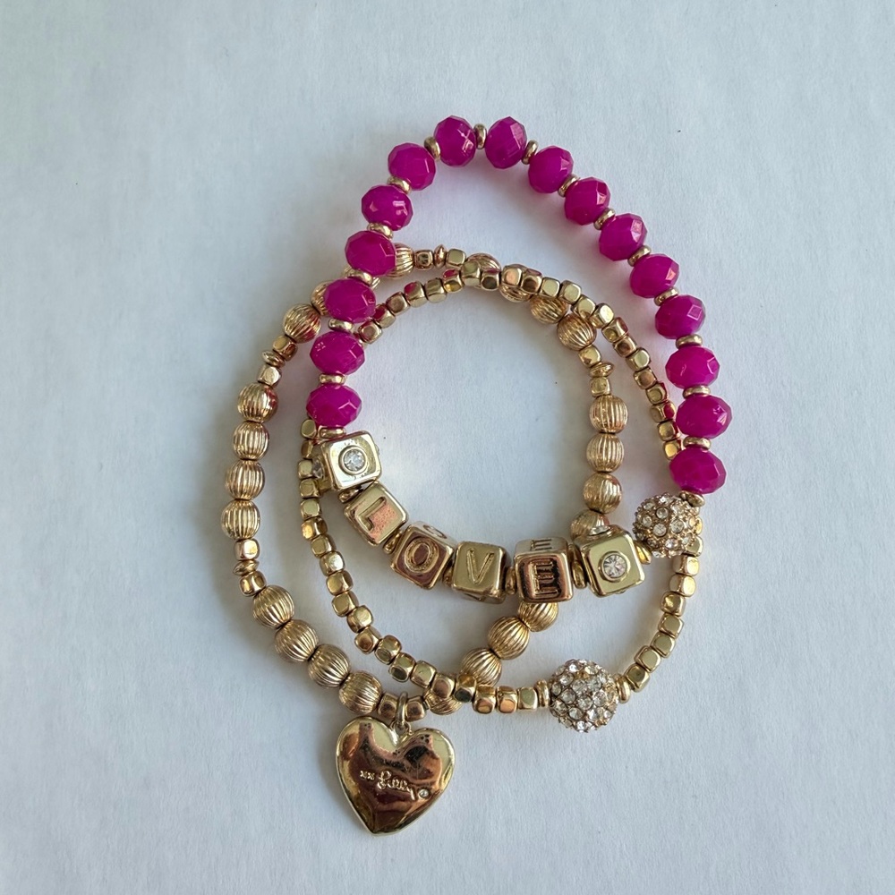 Lilly Pulitzer gold and pink 3 bracelet set with crystal and heart charms